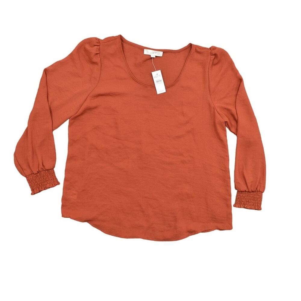 NEW Loft Orange Polyester Blouse Large L Length Cinched Sleeves Light Fabric
